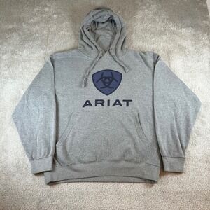 Ariat Men's Medium Gray Fleece Basic Hoodie Sweatshirt Logo Shield Pullover Work